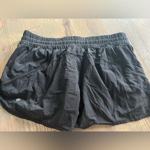lululemon black track that high rise lined shorts 3”, size 14